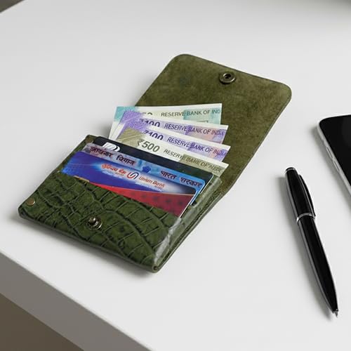 Image of STRUTT Croc Textured Genuine Leather Batua Wallet for Men & Women | Handcrafted Green Leather Cash & Card Holder | Snap Button Closure | Compact Ethnic Money Pouch
