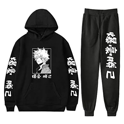 RongJun Unisex MHA Bakugou Katsuki Cosplay Hoodies Pants 2 Piece Sweatshirt Suit for Halloween (Large, Black 2) Cover