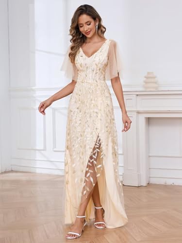 OFEYCHUN Short Sleeve Mother of The Bride Dresses for Women Sequin Long Evening Dress3