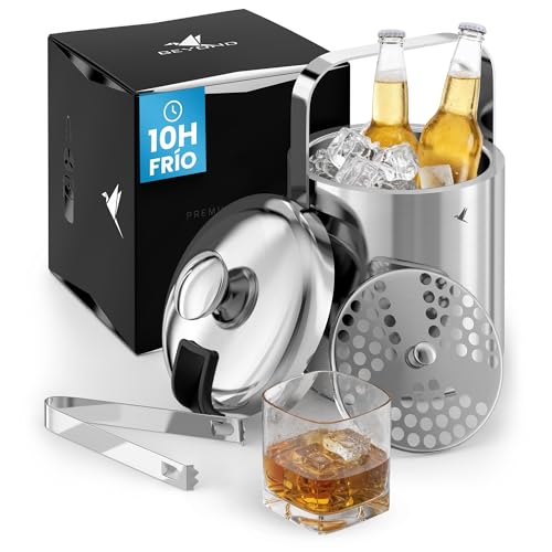 Beyond Cubitera para Hielo con Tapa y Pinza de Acero Inoxidable Sin BPA – Cubo para Hielo de Doble Pared Aislada 1,3 Litros, Cubo de Cubitos Térmica Bar Coctelera Fiesta Regalo Hombre Mujer – Plateado