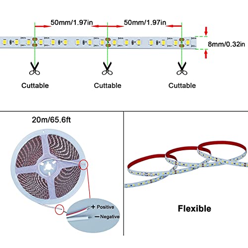 Image of 24V 65.6ft /20m LED Strip Light Natural White 4000K 2400LEDs High Brightness 12000LM SMD2835 Flexible No-Waterproof IP20 LED Tape for Kitchen Backyard Hallways Stairs Decoration(No Power Supply)