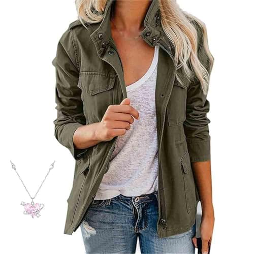 Generisch Chaqueta militar anorak para mujer, ligera, informal, cremallera, botones de presión, abrigos de carga con bolsillo chaqueta marrón, Verde militar, S