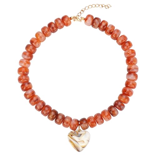 Chunky Colorful Beaded Statement Boho Chokers Necklace Heart Pendant Pink Green Yellow Brown Fashion Jewelry