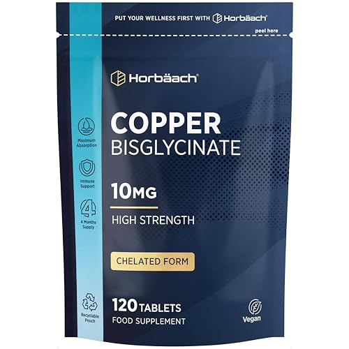 Copper Glycinate 10mg | Chelated Form | High Strength Copper Bisglycinate Supplement | 120 Vegan Tablets | by Horbaach