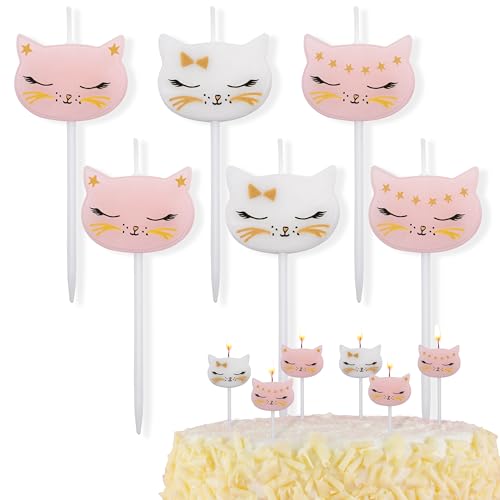 Decoraparty 6 bougies en forme de chaton, bougies thème chat de cire pour gâteau d'anniversaire femelle, décoration de fête, fête, rose et blanc, hauteur h 2 cm