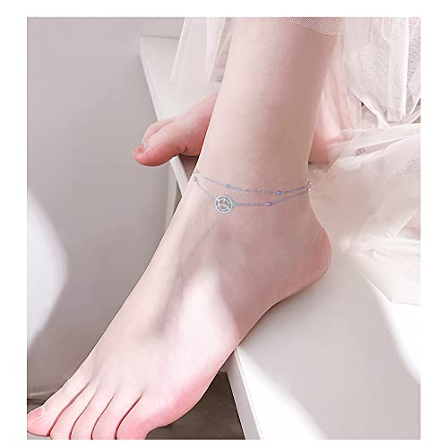 Image of Ladytree S925 Sterling Silver Boho Beach Double Layer Anklets Bracelet for Women Adjustable 9 to 11 inches