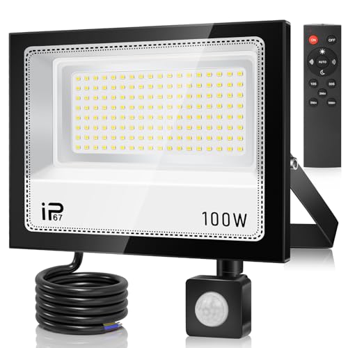 Projecteur LED 100 W avec détecteur de mouvement extérieur, 10 000 lm, 7000 K, super lumineux, étanche IP67, avec télécommande, blanc froid pour jardin,...