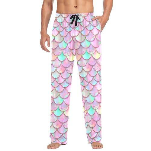 Men's Pink Mermaid Scales Pajama Pants with Pockets,Cotton Sleep Lounge Pant Men Pajama Bottoms S