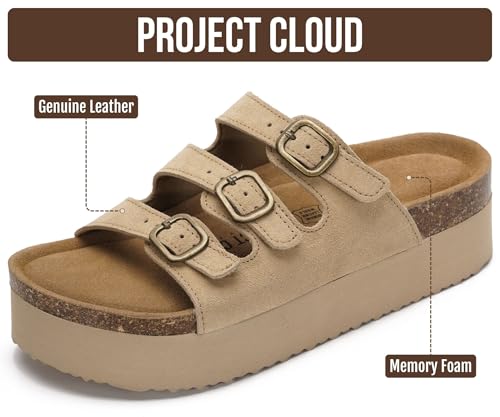 Image of Project Cloud 100% Genuine Leather Platform Sandals Women Footwear - Comfortable Womens Slides Memory Foam Insole - Non Slip Water-Resistant 3-Strap Wedge Sandals for Women 2026 (Dyan)