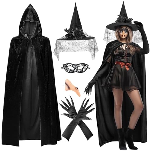 iZoeL Deguisement Sorciere Femme Cape Femme Costume Sorciere Déguisement Carnaval/Halloween/Maquillage/Cosplay Costume Carnaval/Halloween - Cape Chapeau Masques Gants Long Nez