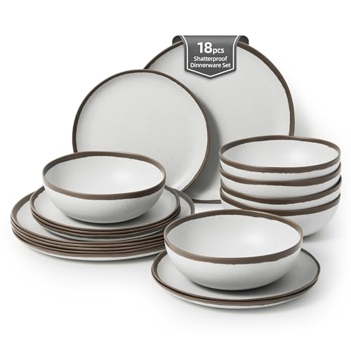 Joviton HOME 18PCS Vintage Brown Rim Melamine Dinnerware Sets for 6, Plates and Bowls Sets Dish Set for Stylish Dining Joviton HOME 18PCS Vintage Brown Rim Melamine Dinnerware Sets for 6, Plates and Bowls Sets Dish Set for Stylish Dining