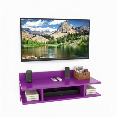 Image of Engineered Wood Set Top Box Stand | Wall Mounted TV Unit Shelf for Router, WiFi, DVD, Gaming Console | Sturdy & Space Saving TV Accessory Organizer (Brown, 50 x 20 x 15 cm) (Purple)