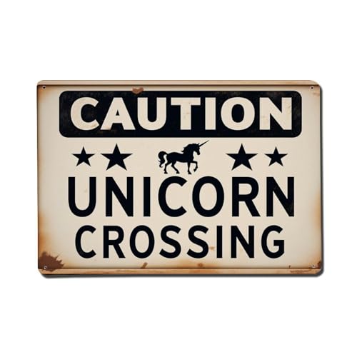 Image of Caution Unicorn Crossing Sign Pattern Retro Tin Sign, Vintage Metal Sign Wall Decor for Home Bar, Cafe, Metal Poster 8x12 inch