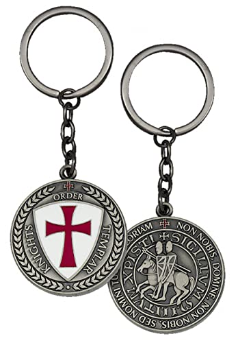 Tiendas LGP - Llavero Cruz Templaria y Caballeros Templarios, Esmaltado, Doble Cara, Metálico plateado envejecido