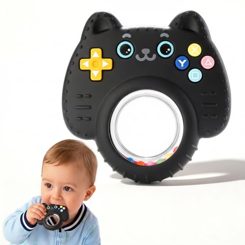Image of Baby Teether Toy Silicone Cat Teething Ring -Game Controller, Baby Rattle Toy Chew Sensory Toys for Babies Over 3 Months, Teething Relief for Newborn Infant Essentials 0-6 6-12 Months, BPA Free -Black