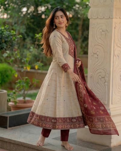 Image of ANNI Designer Kurta Sets for Women Viscose Printed | Kurta Pant Dupatta Set | A-Line Kurti Set for Women | Round Neck 3 /4 Sleeve Ethnic Suit | Designer Indian Kurti Outfit with Pants