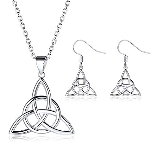 2pcs Collier et Boucles d'oreilles,Ensemble de Bijoux en Argent 925 pour Femme,Pendentif Trinity Knot-Triquetra Irlandaise-Celtique Noeud Trinité Amulette Parure Bijoux Protection pour Femmes