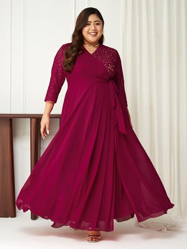 Image of Miss Chase A+ Women's Floral Printed Relaxed Fit V -Neck 3 /4Th Sleeve Georgette Maxi Dress