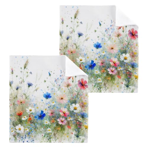 YANENDIE Small Summer Flowers Washcloths Towels, Highly Absorbent and Soft Cotton Face Cloths, 2 Pack Quick Dry Wash Cloths - 12 X 12 Inches