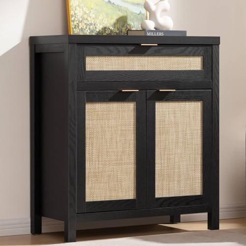 Image of SICOTAS Sideboard Buffet Storage Cabinet, Rattan Accent Cabinet with Doors and Drawer, Modern Credenzas Buffet Table Console Coffee Bar Cabinets for Entryway Living Room, Black