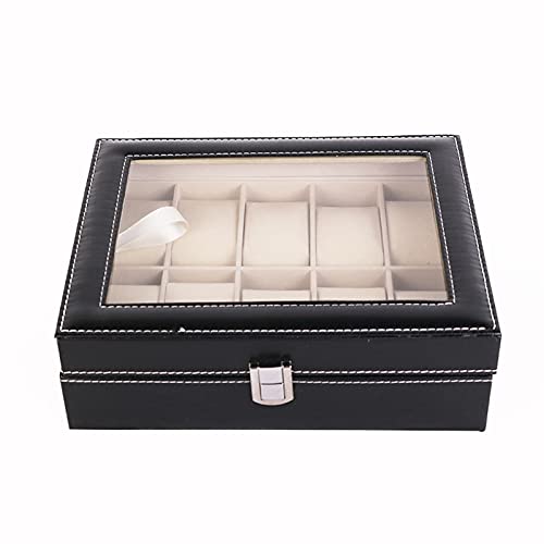 10 rejillas caja de reloj de cuero PU relojes vitrina joyería titular organizador de almacenamiento con cerradura