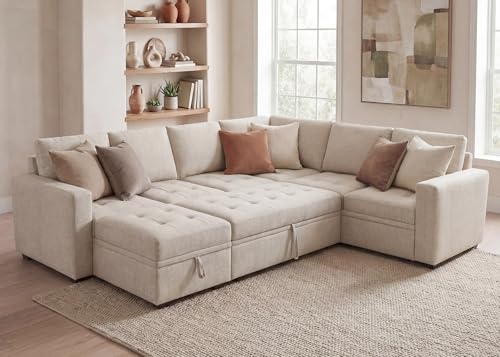 Image of HONBAY Modular Sectional Couch with Pull Out Bed Sleeper Sofa with Storage U Shaped Modular Sectional Couches for Living Room,Mid Beige