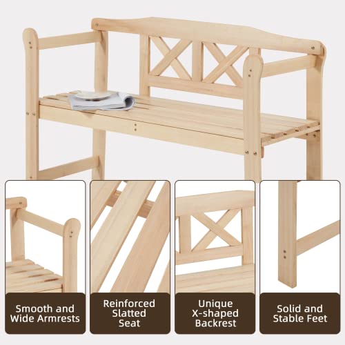 Avawing Outdoor Solid Wood Bench, 2-Person Patio Bench With Wide Armrest & X-Shape Backrest, Varnish-Coated Garden Bench For Yard, Porch, Balcony, Poolside(Natural) #TOP5