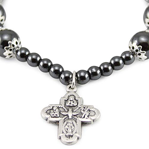 Rosary Bracelet Elastic Hematite Capped Beads Four Way Cross2