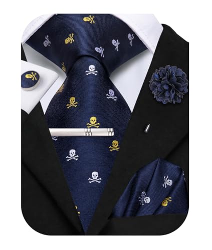 Image of Hi-Tie Men's Blue Yellow White Skull Dress Tie Sets Classic Neckties and Pocket Square Lapel Pin Silver Tie Clip Cufflinks Set Wedding Business 6PCS