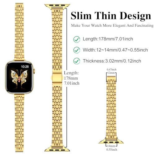 MioHHR Slim Metal Bands Compatible with Apple Watch Band Series 8/7(45mm 41mm) ,Series SE 6/5/4(40mm 44mm) ,Series 3/2 /1(38mm 42mm), Thin Stainless Steel Chain Strap for Women iWatch Band