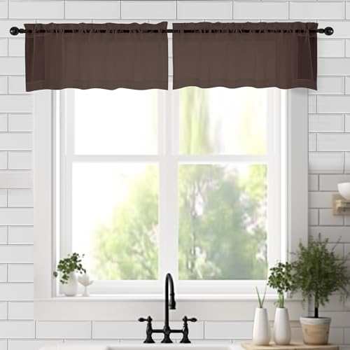 Image of Chyhomenyc Sheer Valances for Windows 2 Pieces, 42Wx14L Inches Brown Small Window Valance for Living Room Bathroom Cafe Laundry Basement, Elegant Chocolate Rod Pocket Voile Valance