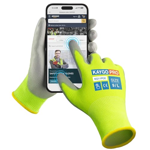 Image of KAYGO Safety Work Gloves, PU Coated, 2-Finger Touchscreen, KG11P | Breathable & Lightweight, Smooth Grip, 13-Gauge Seamless Knit, for Light Warehouse, Manufacturing, Gardening