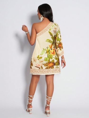 Image of KATECLO Women's One-Shoulder Boho Mini Dress - Asymmetrical Sleeve Floral Print Summer Shift Dress with Border Trim