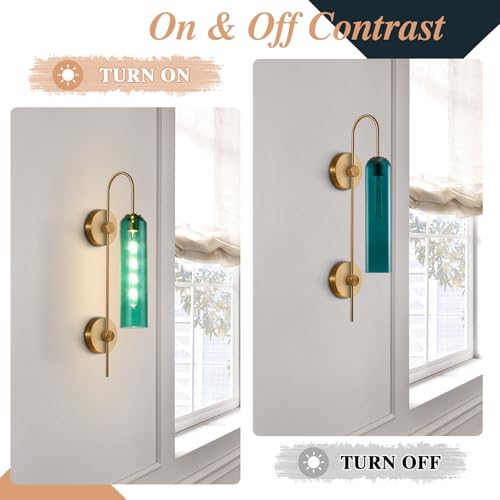 Image of BOKT Modern Gold Wall Sconce Green Glass Hardwired Bedside Wall Light Fixtures Mid Century Long Metal Wall Sconce Single Hardwired Bathroom Bar Wall Lamp (Green)