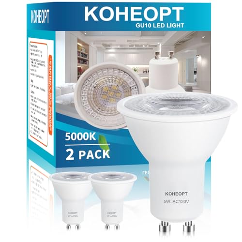 KOHEOPT GU10 LED Light Bulb 5W, (2 Pack) 5000K Dimmable Daylight GU10 Bulb,500LM Replacement for Track Lighting, 50W Equivalent Halogen Bulbs, LED Bulbs for Living Room, Kitchen Range Hood, Bathroom