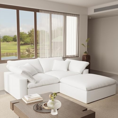 Image of Modular Sectional Cloud Sofa Couch,L Shape 2 Seaters with Chaise Modern Down Filled Sofas Detachable Couch Cushion Covers Couches for Living Room Office Apartment,White
