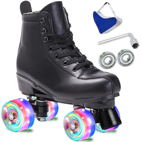 SCUNT Skates - Patines clásicos de piel sintética para hombre y mujer, de doble fila, ajustables, para exteriores, interiores, cuatro patines y roller derby (rueda flash negra, 38-mujer 6.5 / hombre