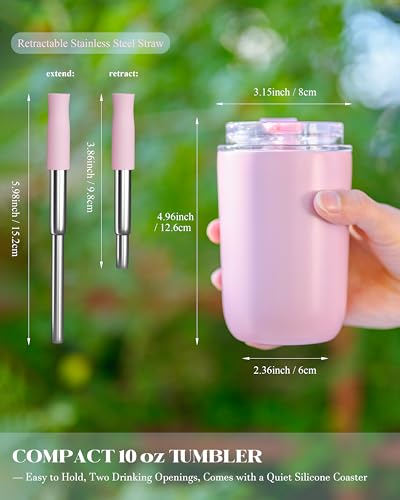 UIRZOTN 10 oz Insulated Coffee Tumblers, Travel Coffee Tumblers with Straw, Double-Wall Stainless Steel Tumbler, Leak Proof Tumbler, Reusable Cups with Lids for lced and Hot Drinks (Pink) - Image 4
