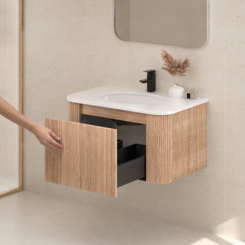 Image of 30 Inch Wall Mounted Bathroom Vanity with Ceramic Sink, Pre-Assembled Floating Vanity Cabinet with Marble Countertop, Wave Texture Finish & Drawer, Wood