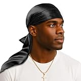 YFONG 100% 22 Momme Mulberry Silk Durags for Men Women, Extra Long Strap Silky Durag, Breathable and Soft Do Rag for 360 Waves, Perfect for Nourishing Your Hair and Fashionable Outfits, 1Pc, Black