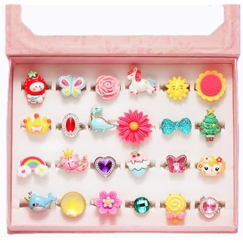 PinkSheep Little Girl Jewel Rings in Box, Adjustable, No Duplication, Girl Pretend Play and Dress Up Rings (24 Lovely Ring) Cover