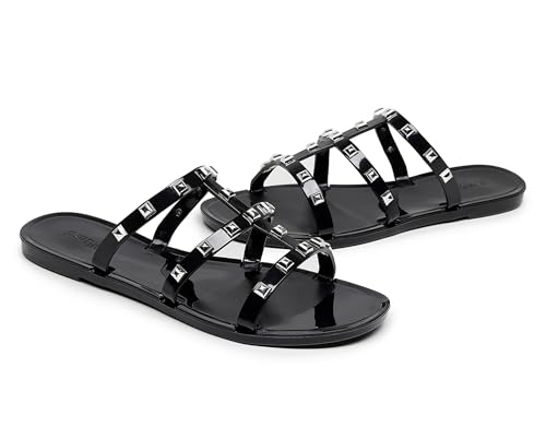 Image of Women Flats Sandals, Studded Jelly Shoes Size 9 Red Dressy Summer Beach Rivets Strappy Jellies Slide Slip On Open Toes
