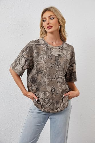 Image of MSBESYOR Camo Shirt for Women Maple Leaf Print Short Sleeve Crewneck T-Shirts Summer Oversized Tee Shirts Streetwear