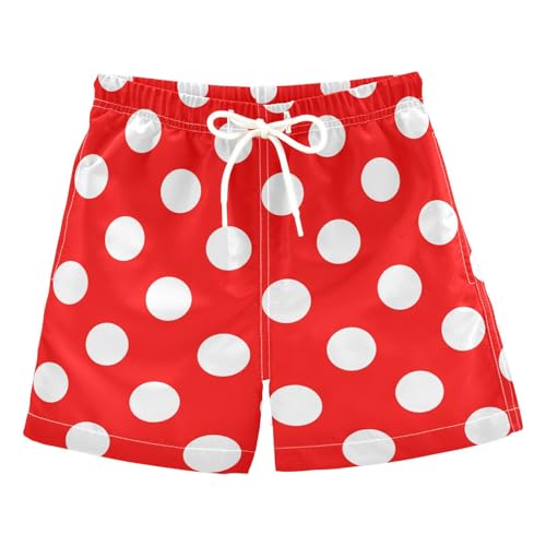 Boys Quick Dry Swim Trunks with Pockets White Polka Dots Red Wave Point Beach Shorts for Kids, Toddler Swimsuit Boy