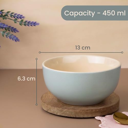 Image of The Earth Store Grey Mellow Ceramic Bowl Set of 4 - 450ML Each with Nob Wooden Lid | Mixing Bowls for Snacks, Rice, Dal, Fruits, Salad Microwave Safe Bowl with Lid Perfect Gifting & Daily Use
