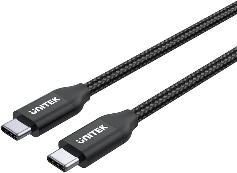 Unitek 2 metre USB C - USB C kablosu, güç dağıtımı, 100 Watt, 20 V/5 A, hızlı şarj kablosu, senkronizasyon kablosu, USB C tipi cihazlar için, naylon örgü, dayanıklı, siyah