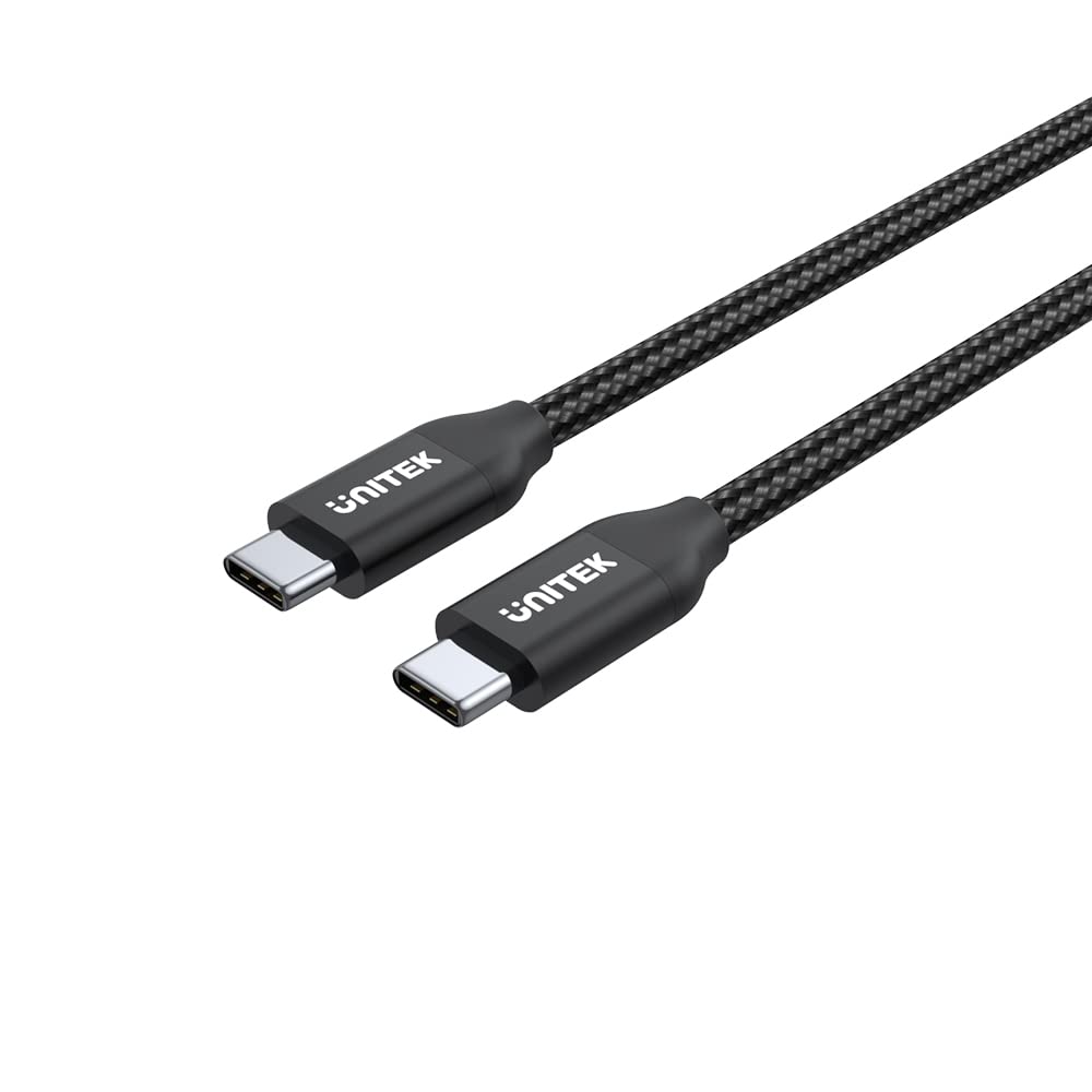 Unitek 2 metre USB C - USB C kablosu, güç dağıtımı, 100 Watt, 20 V/5 A, hızlı şarj kablosu, senkronizasyon kablosu, USB C tipi cihazlar için, naylon örgü, dayanıklı, siyah