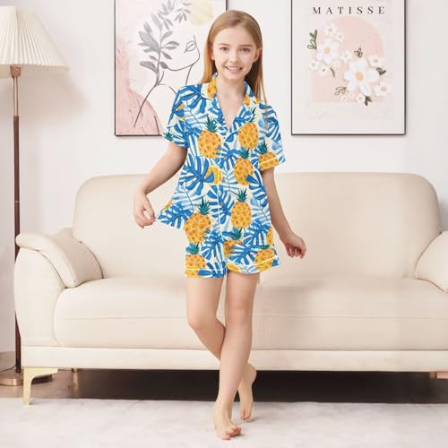 Summer Leaf with Pineapple Summer Satin Pajama Set, Cute Button-Down Sleepwear Pj Set for Sleep Wears3