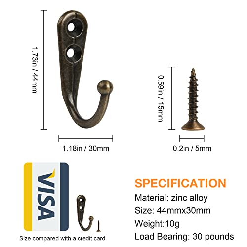 30pc Bronze Hooks: Wall Mounted Coat Hooks with 60 Screws for Bedroom/Entryway/Closet/Kitchen/Office