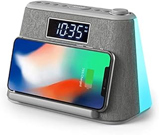 i-box Alarm Clock Bedside FM Radio Non Ticking with USB Charger & Wireless QI Charging, Bluetooth Speaker, RGB LED Night Light, Dimmable Display and White Noise Machine (Grey)